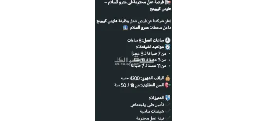 فرصة عمل محترمة في مترو السلام – هاوس كيبينج*