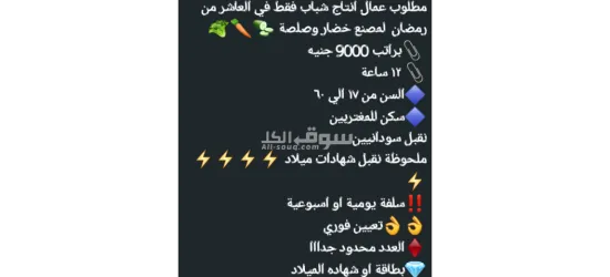 مطلوب عمال انتاج شباب فقط في العاشر من رمضان  لمصنع خضار وصلصة