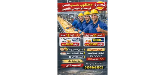 مطلوب عمال بمصنع شيبسي ب٦ اكتوبر