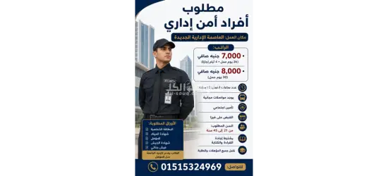 مطلوب أفراد أمن إداري بالعاصمة الإدارية الجديدة، راتب يصل لـ8,000 جنيه صافي